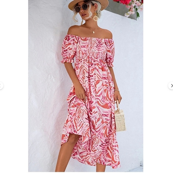 Beachsissi Dresses & Skirts - BeachSissi Smocked Midi Dress Off Shoulder Pink Swirl Sz Small NWT